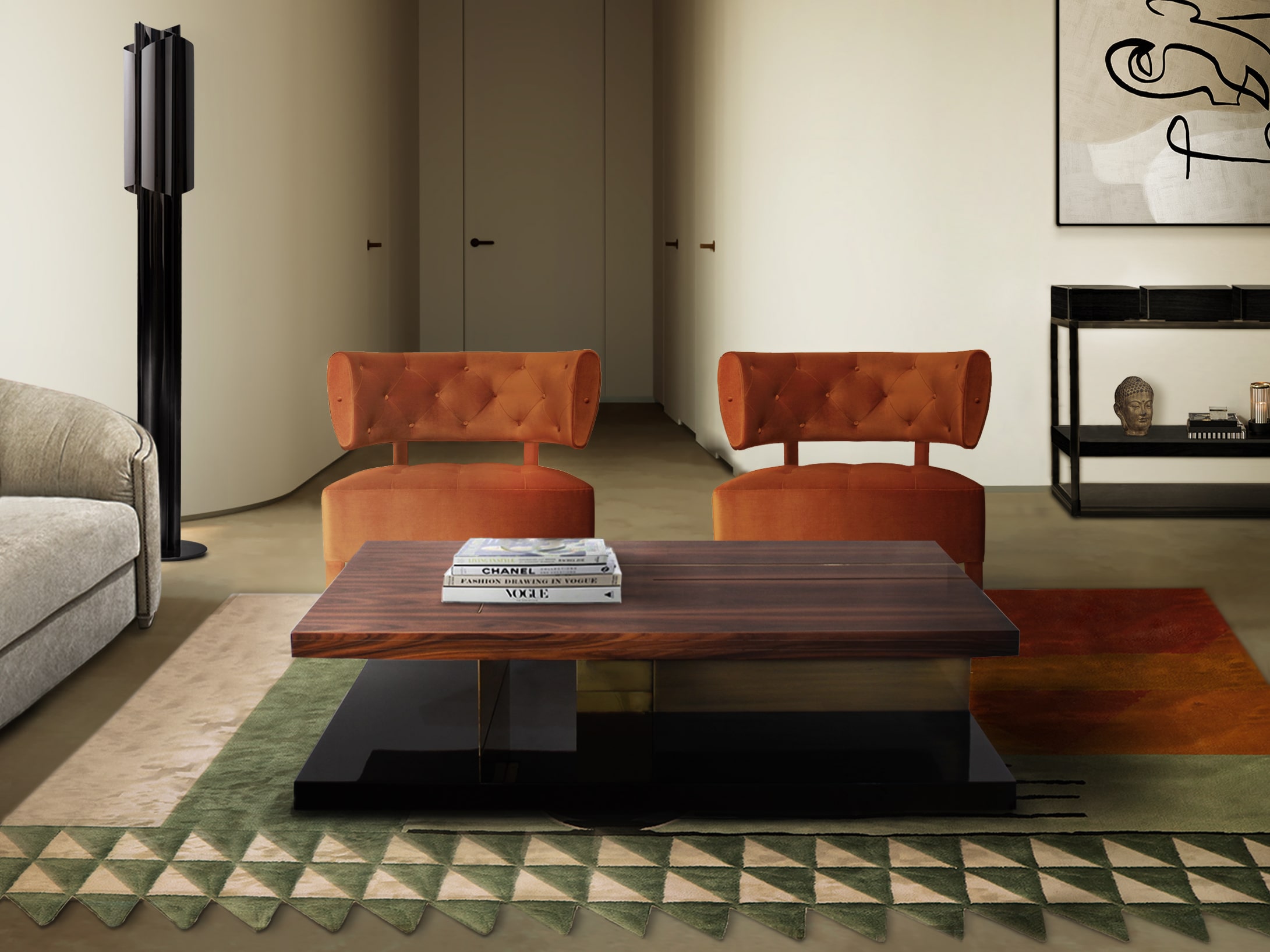 Modern Midcentury Living Room Design with Velvet Armchairs and Wood Rectangular Coffee Table - Home'Society