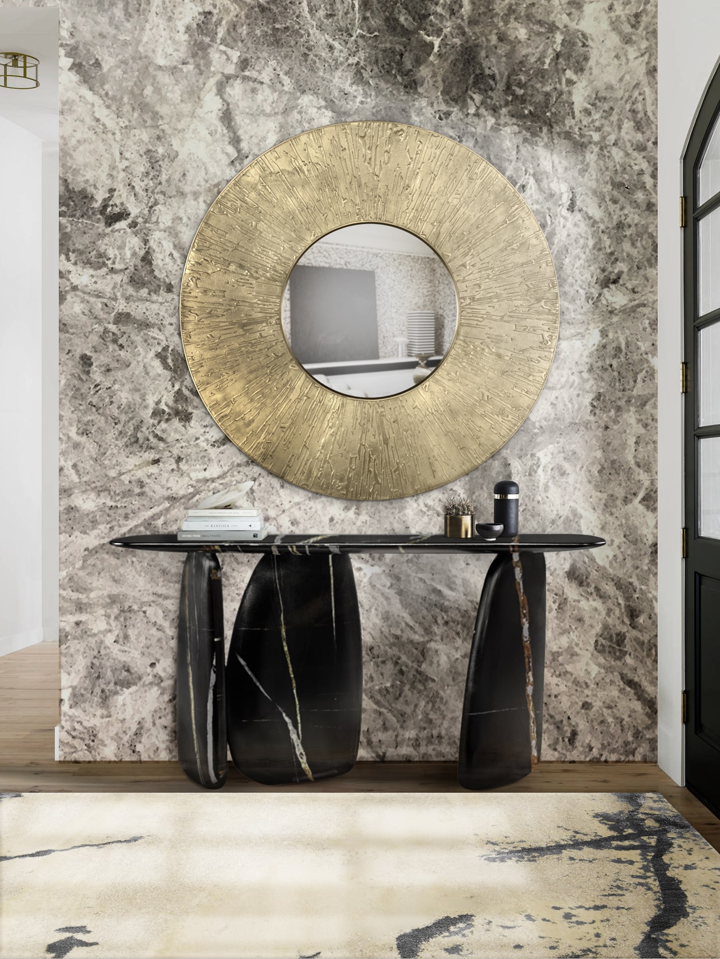 Modern Classic Entryway Design with Round Brass Mirror and Black Console Table - Home'Society