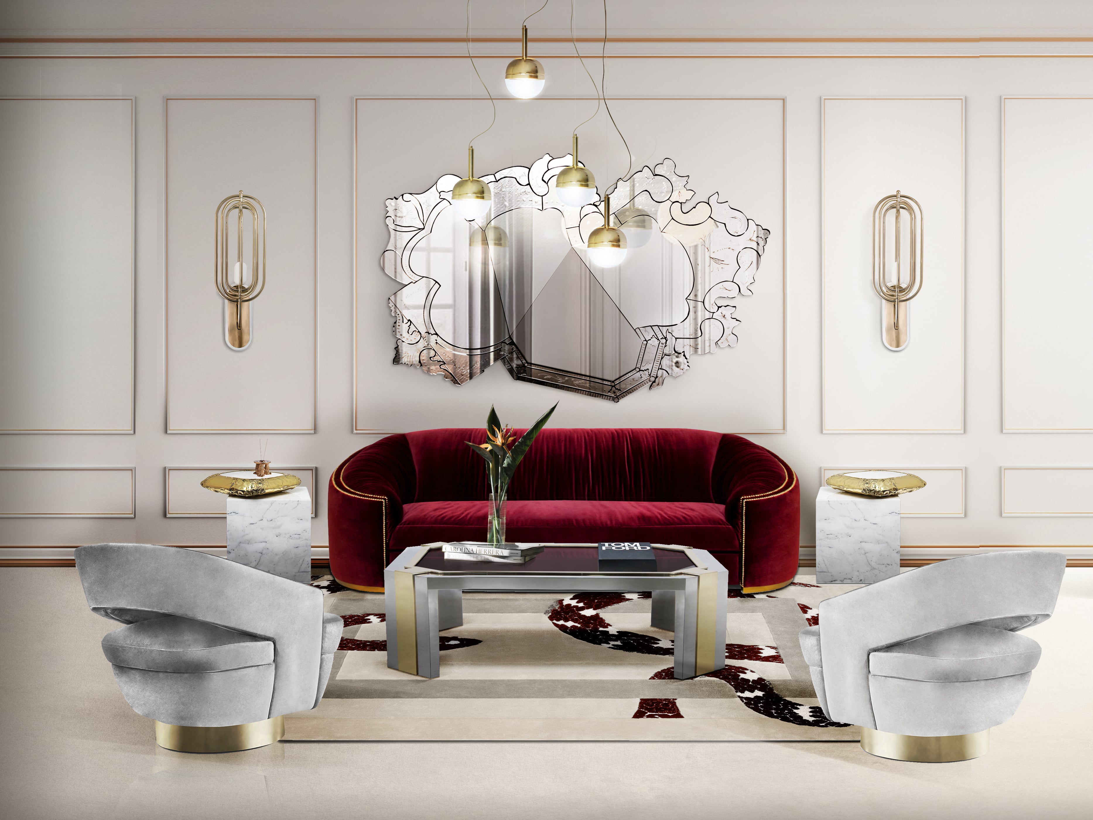 Modern Living Room Design with Velvet Sofa and Gold Pendant Light - Home'Society
