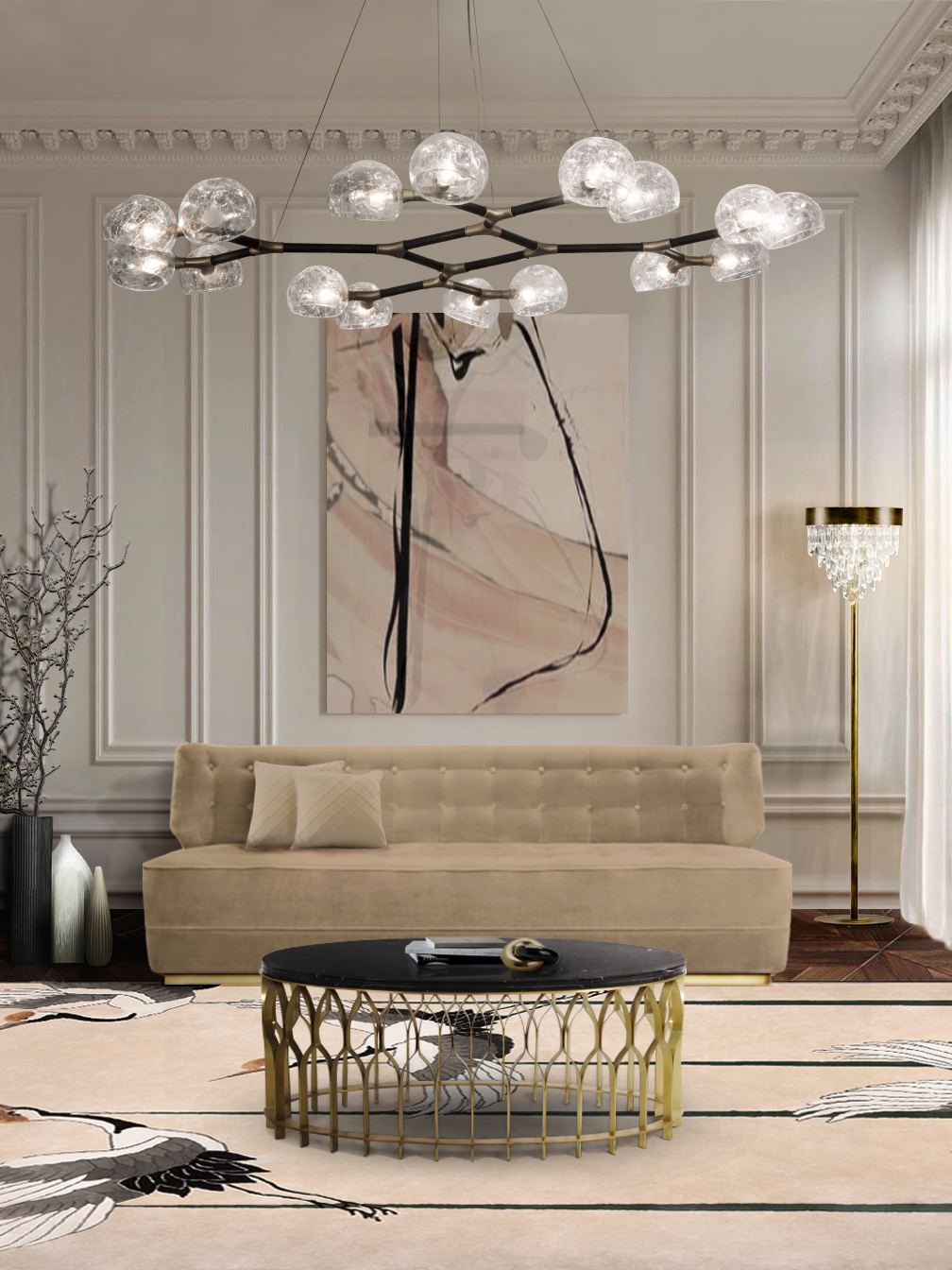 Modern Contemporary Living Room Design with Round Coffee Table, Brass  Floor Light and Velvet Sofa - Home'Society