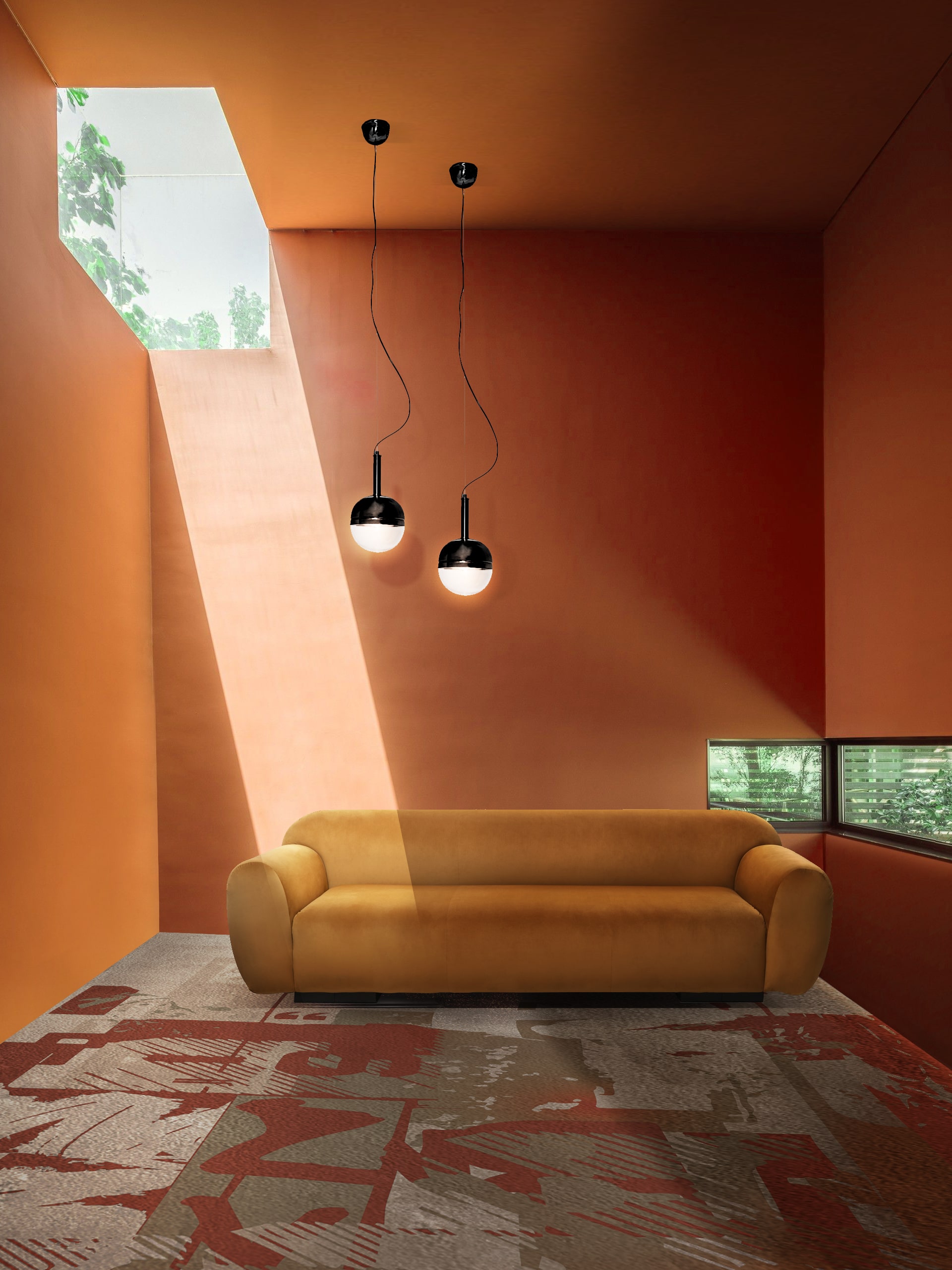Modern Midcentury Living Room with Orange Velvet Sofa and Black Pendant Lights - Home'Society