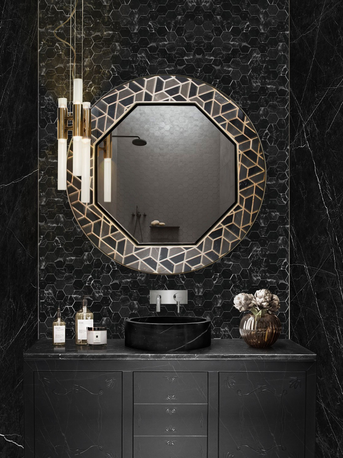 Stylish Luxury Modern Bathroom In Dark Tones And Elegant Washbasin - Home'Society