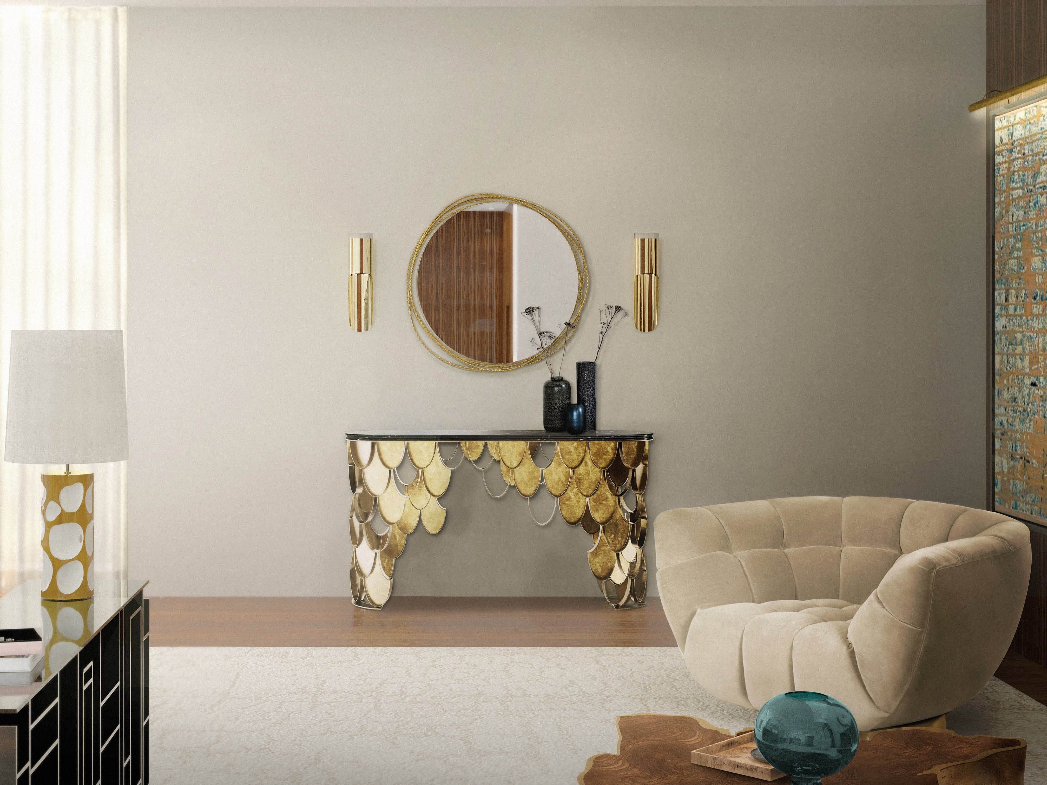 Living Room with Neutral Tones and Golden Console Table - Home'Society