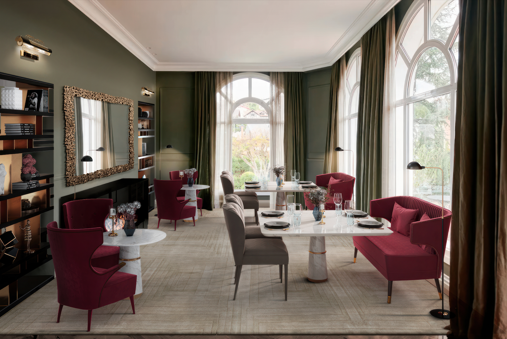 A Taste of Luxury: Boutique Hotel Breakfast Room with White Marble Tables and Upholstered Chairs - Home'Society