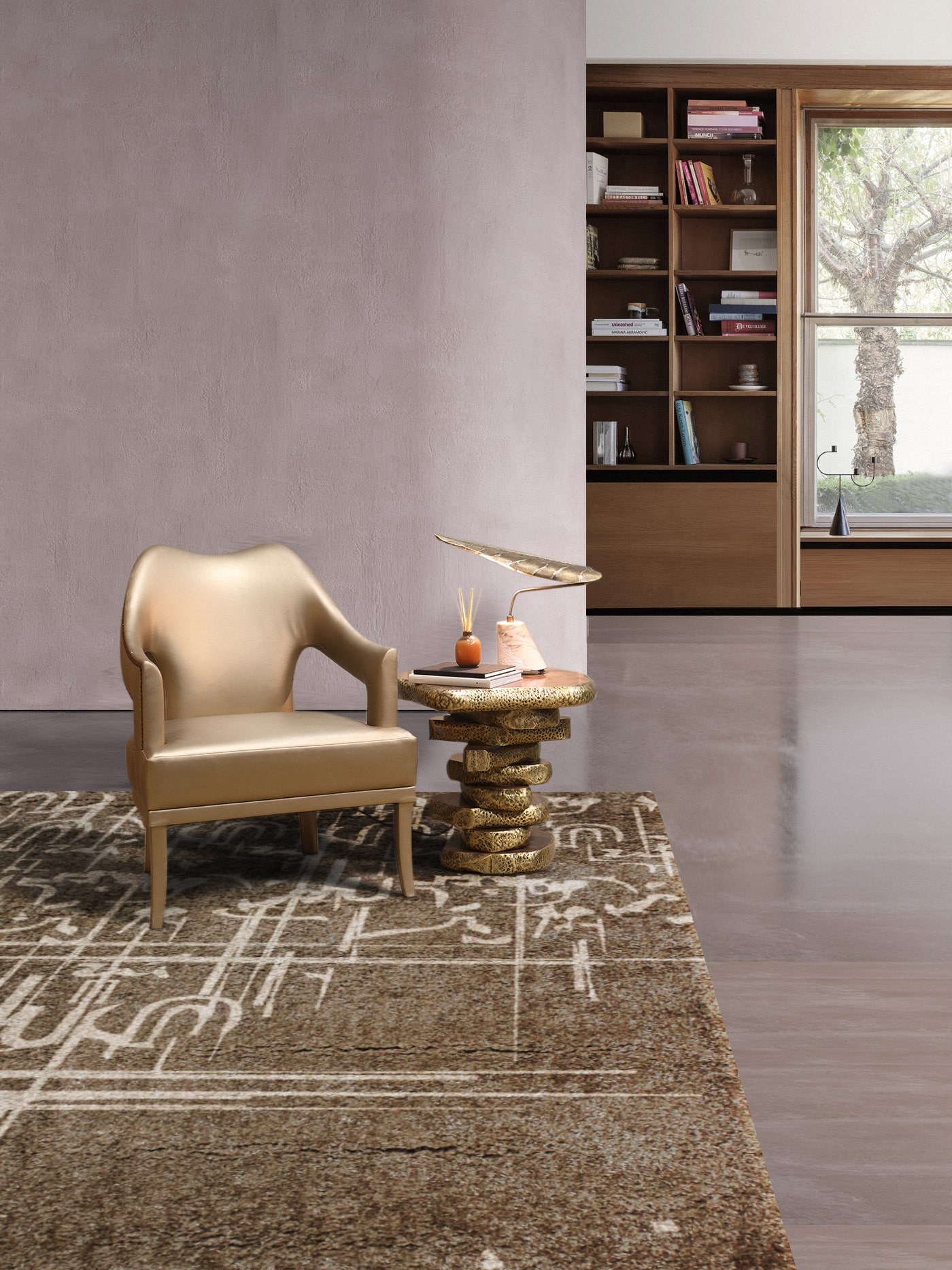 Modern Living Room in Brown Tones with Brass Side Table and Lamp - Home'Society