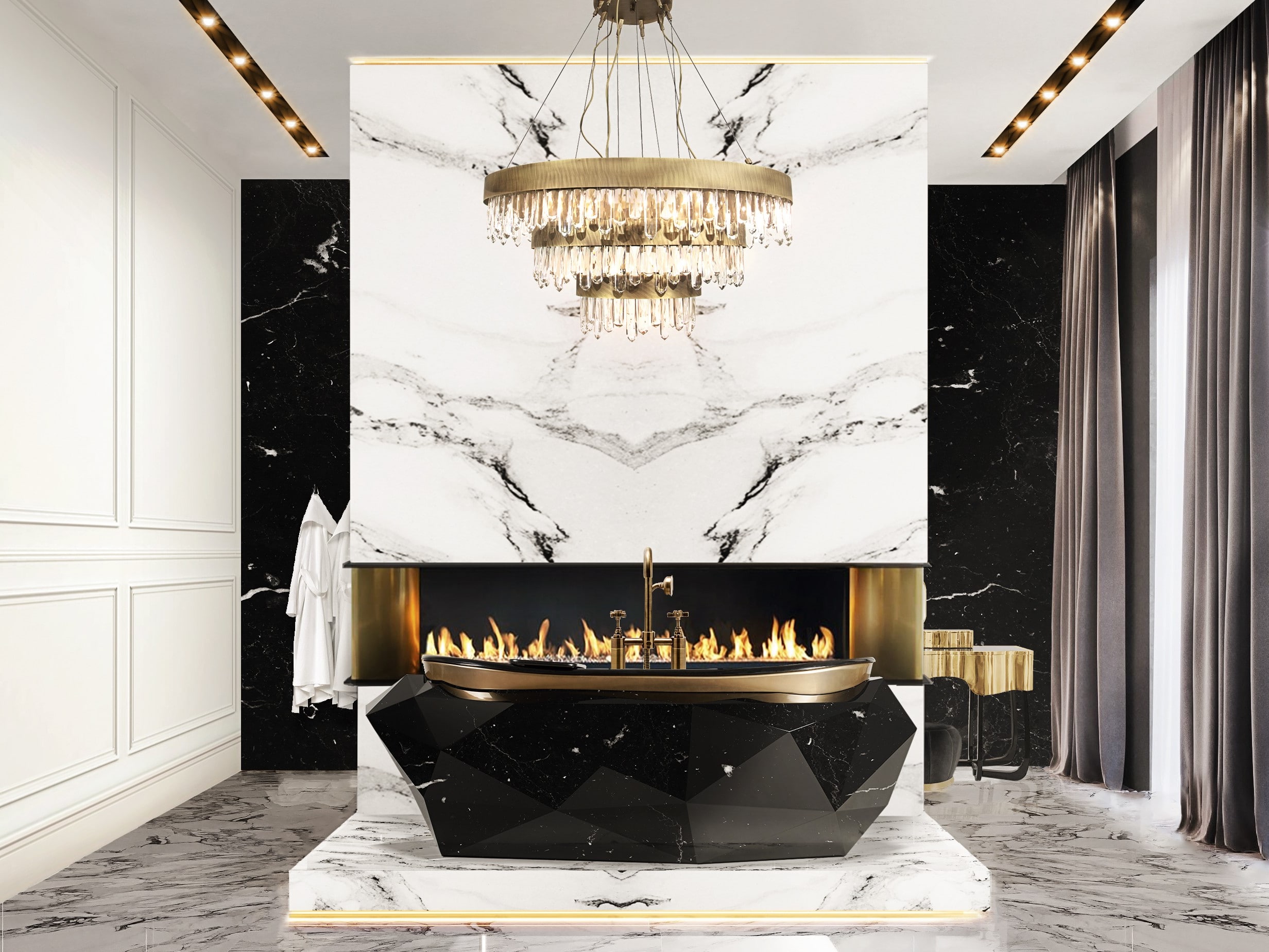Black and White Marble Bathroom With Diamond Bathtub - Home'Society
