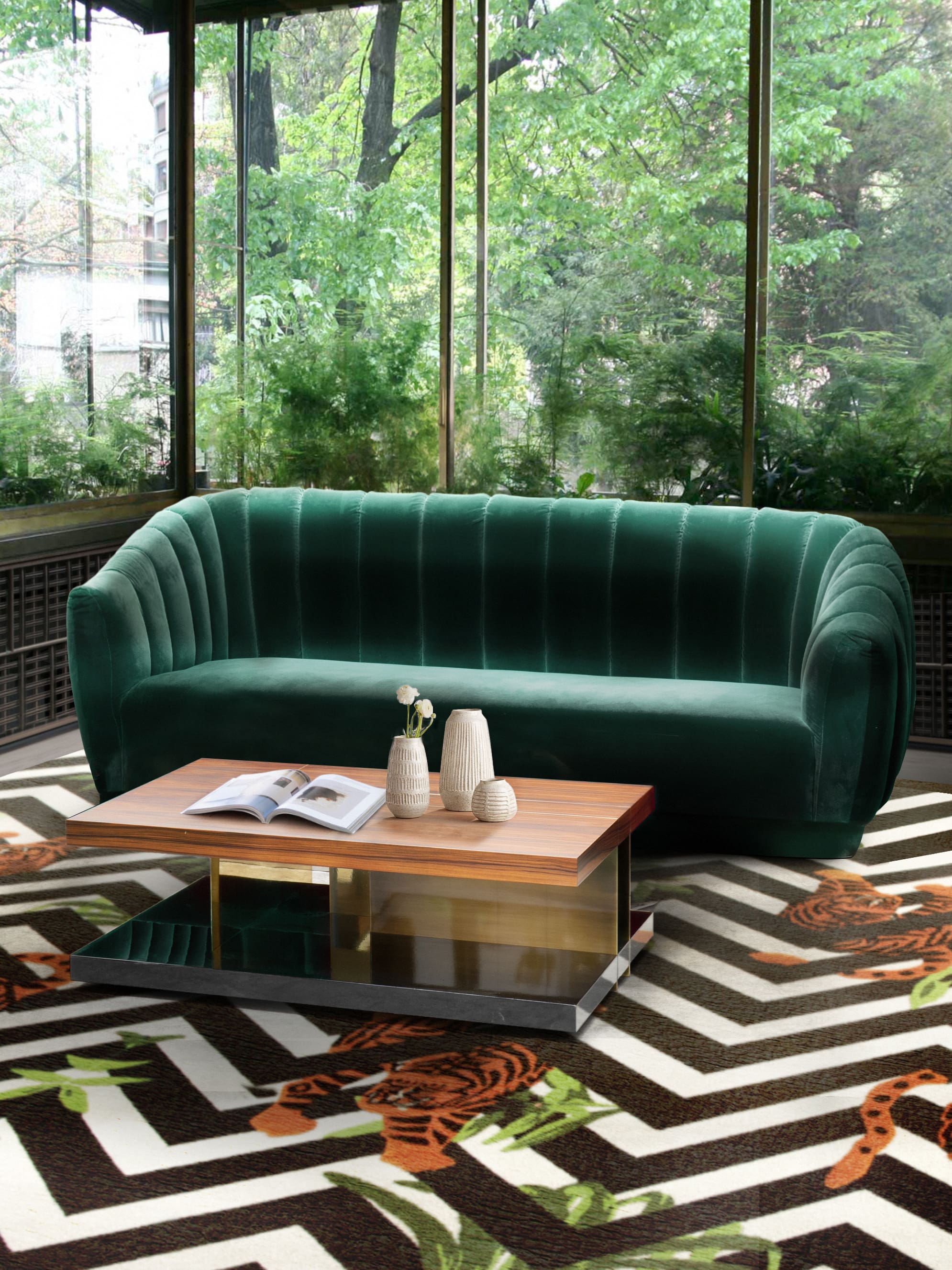 Modern Living Room with Green Sofa and Print Rug - Home'Society