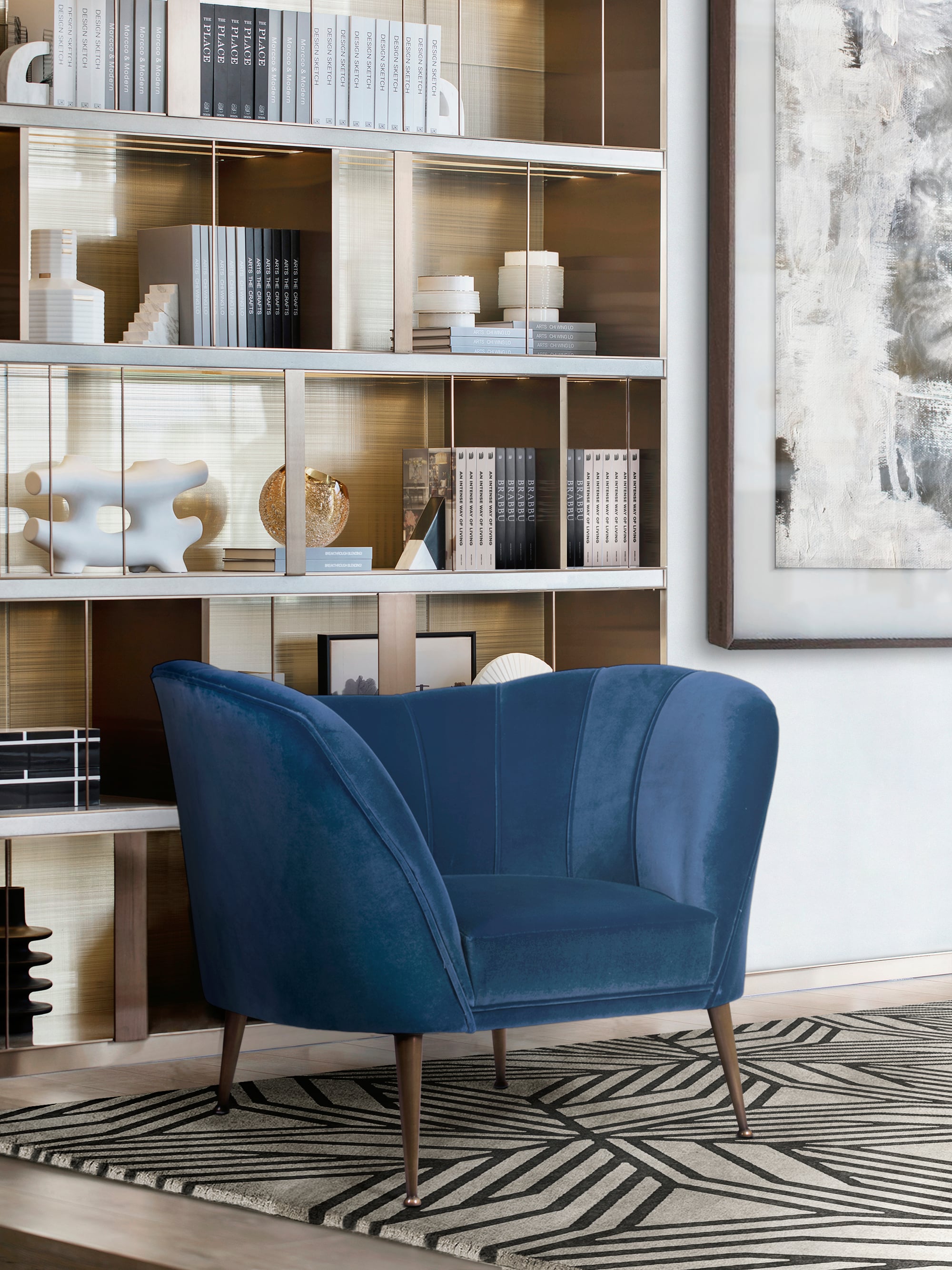 Modern Reading Corner With Blue Upholstered Armchair - Home'Society