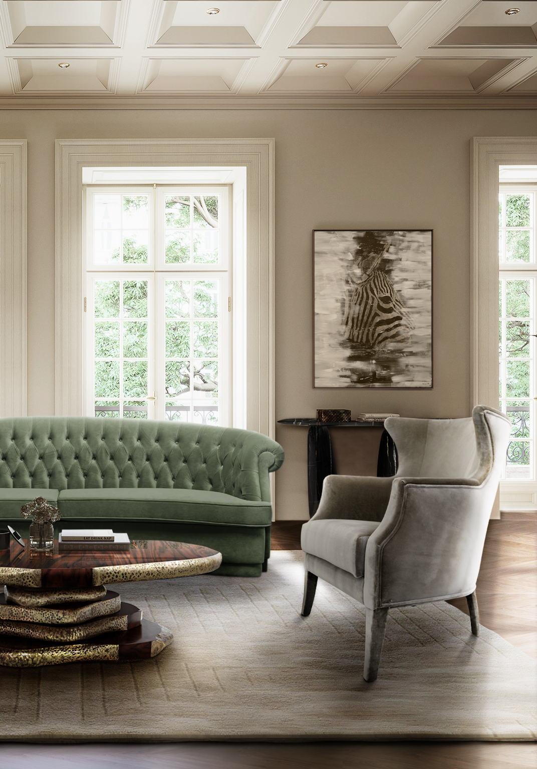 Modern Bohemian Living Room: Inviting Lush Green Couch and a Coffee Table with Gold Levels - Home'Society