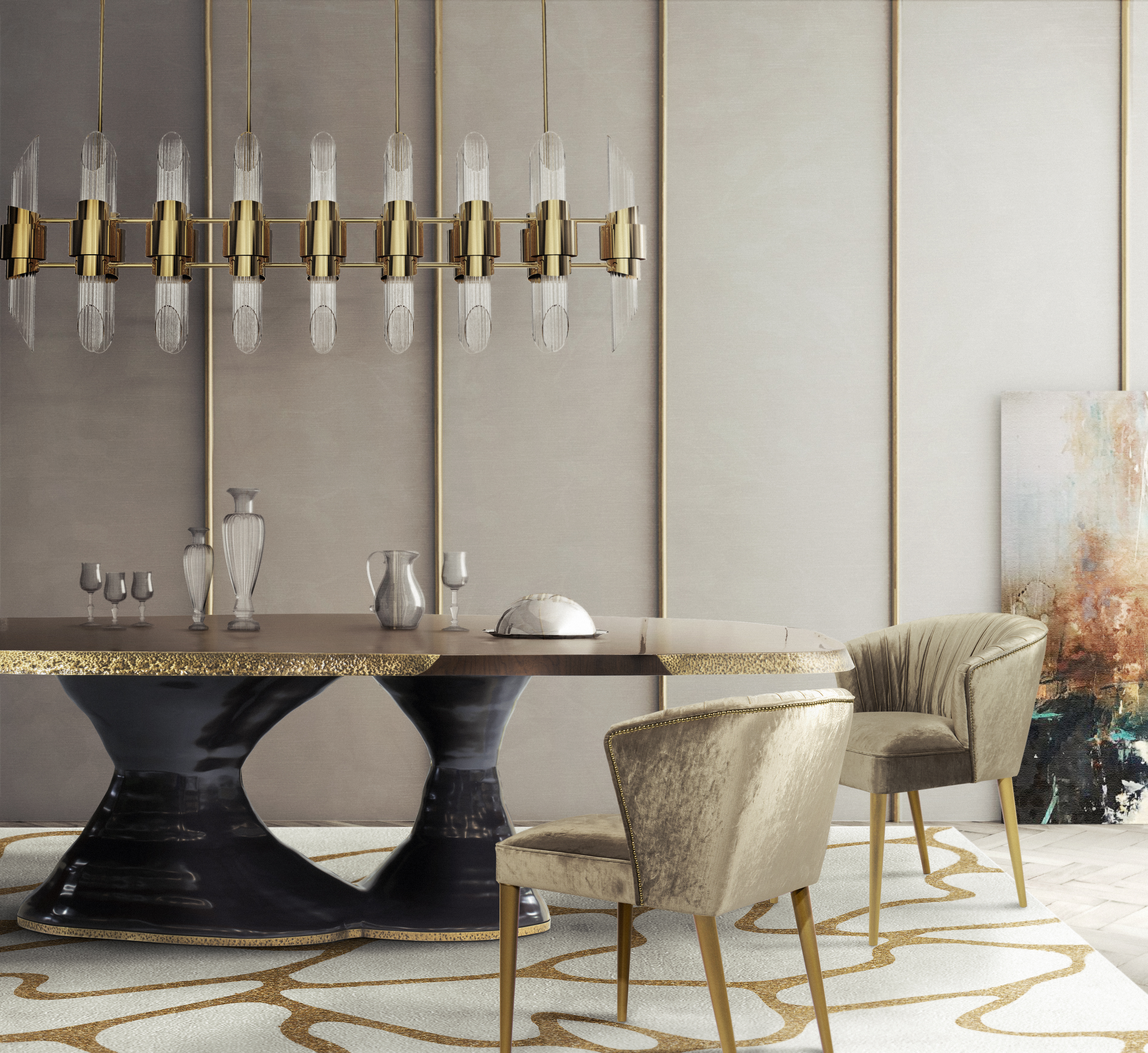 Luxurious Dining Room With Rug With Golden Details - Home'Society