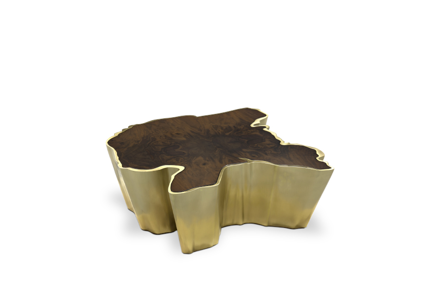 Sequoia Brass and Walnut Wood Coffee Table Design Modern Contemporary