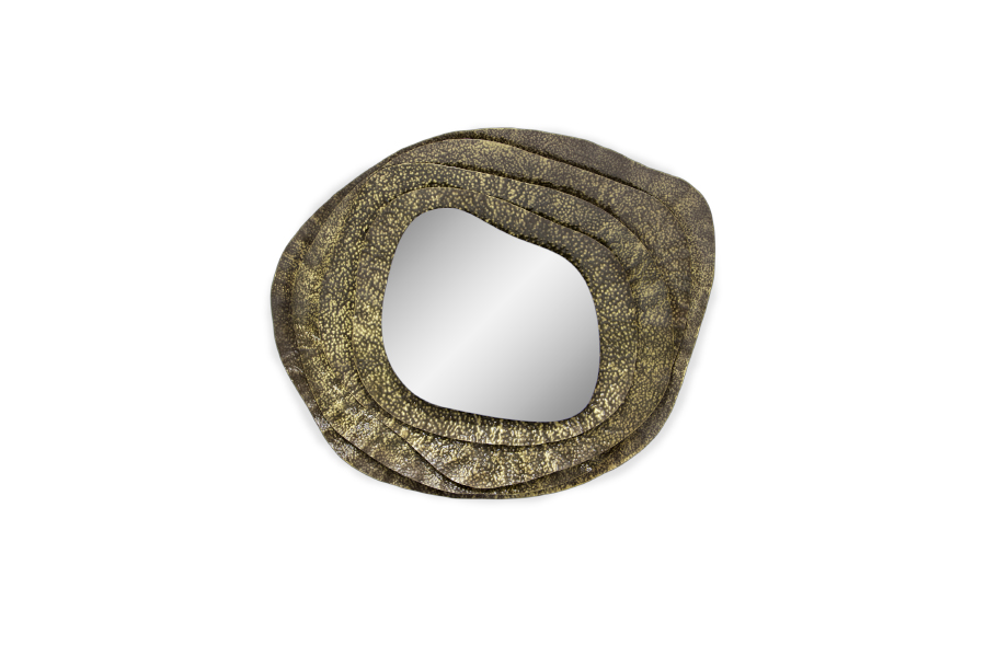 The Kumi II Wall Mirror in Golden Hammered Aged Brass