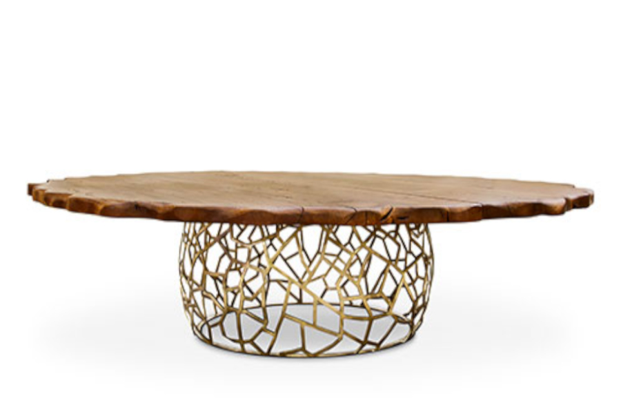 Apis Round Wood Dining Room Table II with Brass Details Modern Midcentury
