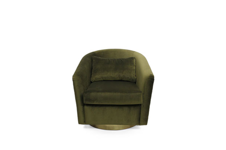 Earth Barrel-Shaped Velvet Armchair with Base and Back in Hammered Brass