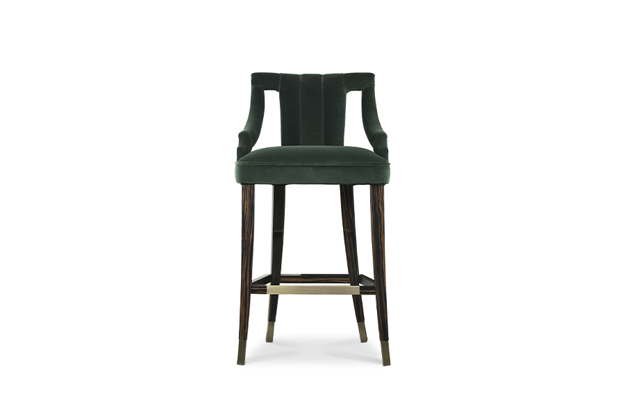 Cayo Green Velvet Bar Chair Design with Wood Legs and Glossy Brass Details