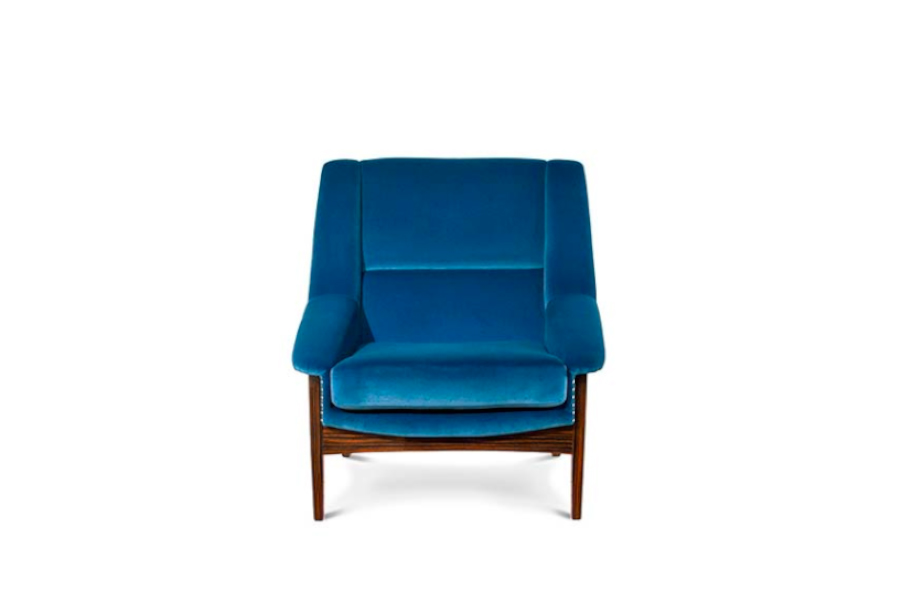 Inca Blue Velvet Armchair with Ebony Wood Legs Modern Midcentury Design