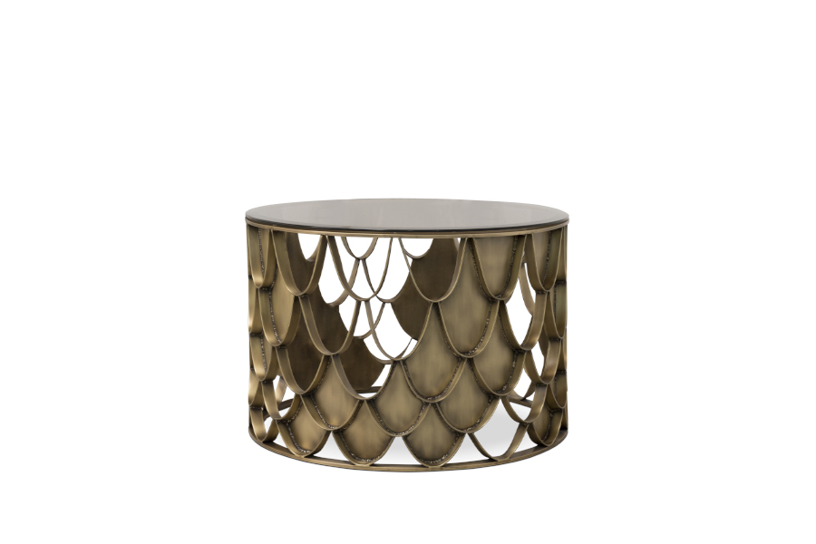 Koi Modern Round Coffee Table with Bronze Glass Top and Brass Structure