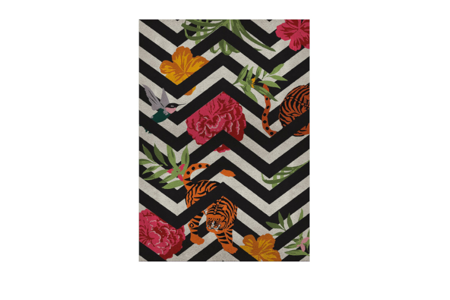 Savana Rectangular Area Rug with Tigers and Flowers in a Modern Design