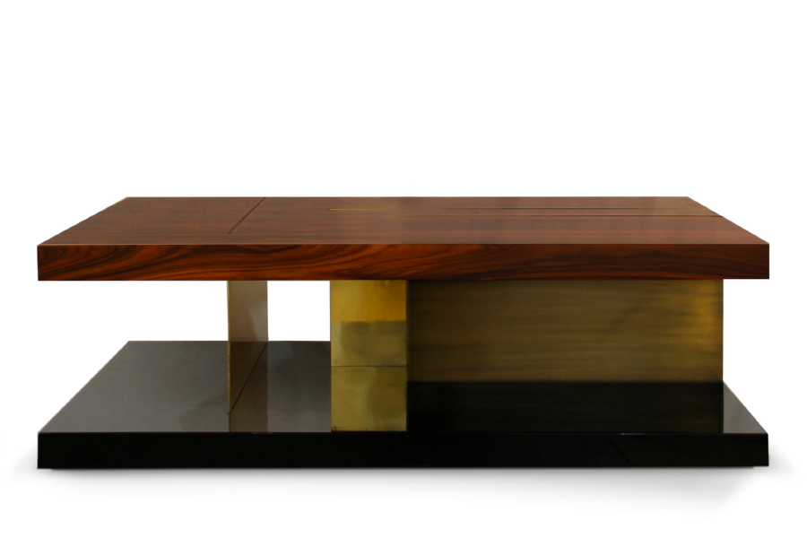 Lallan Wood Rectangular Coffee Table with Black Lacquer and Brass Details