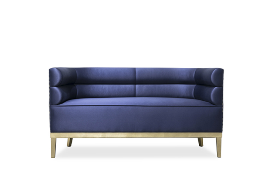 Maasai Blue 2 Seater Sofa with Glossy Gold Leaf Legs Modern Contemporary