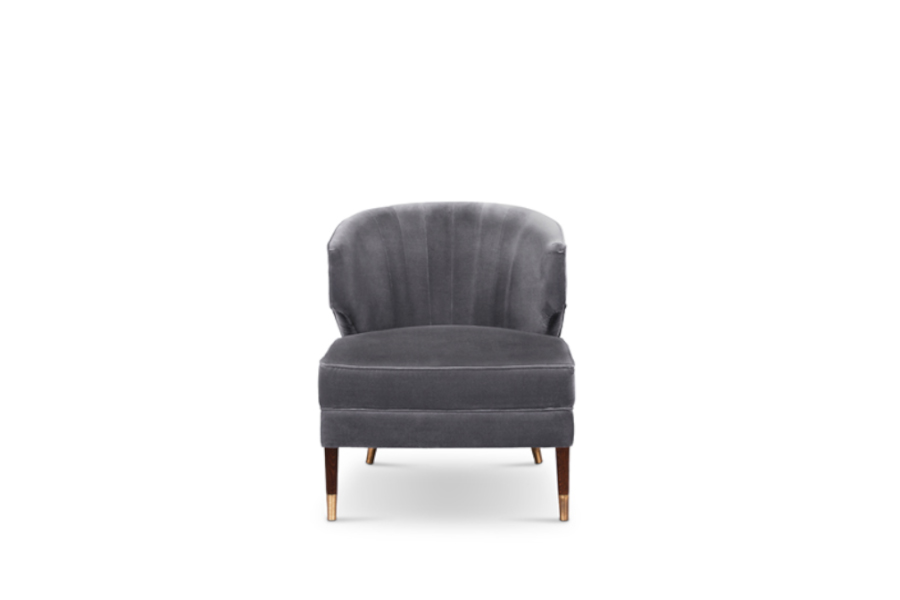 Ibis Grey Velvet Armchair with Brass Nailhead Trim Modern Design