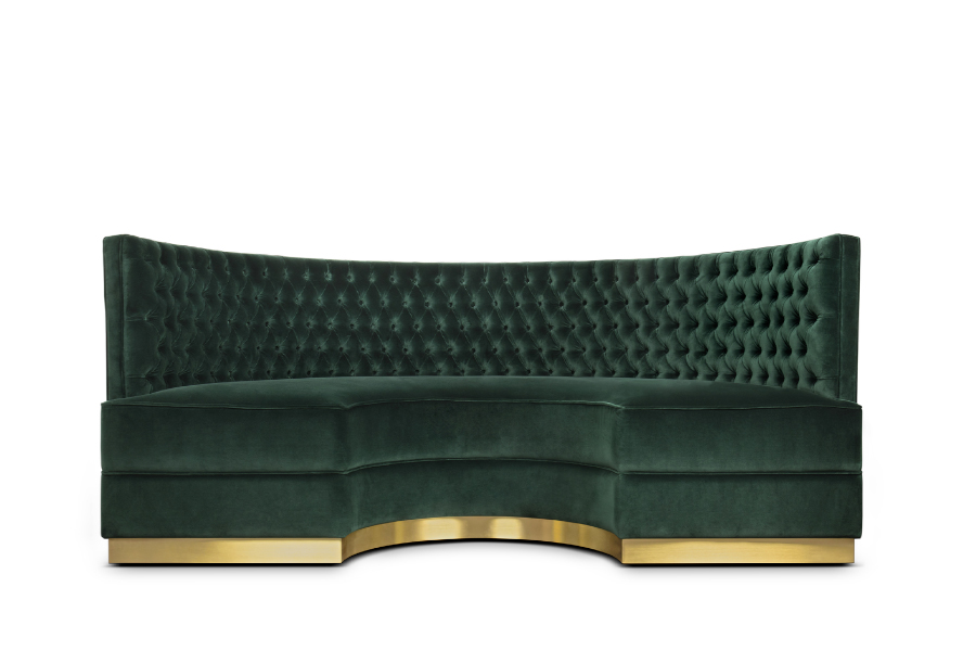 Bourbon Round Velvet Green Button-Tufted Sofa with Matte Brass Base