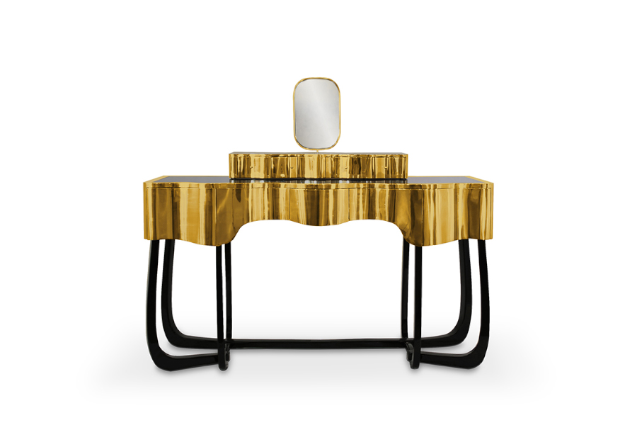 Sinuous High Gloss Black Structure Makeup Vanity Table and Gold Lacquered Glass