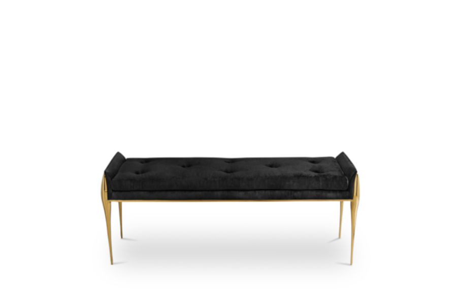 Stiletto Rectangular Black Velvet Upholstered Bench Polished Brass
