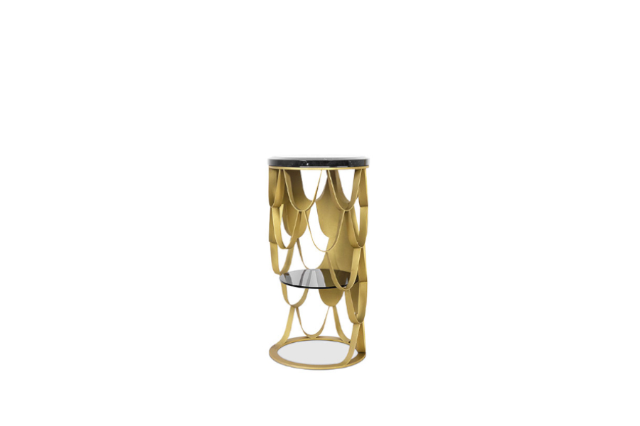 Koi Nero Marquina Marble Accent Table and Brushed Brass Structure