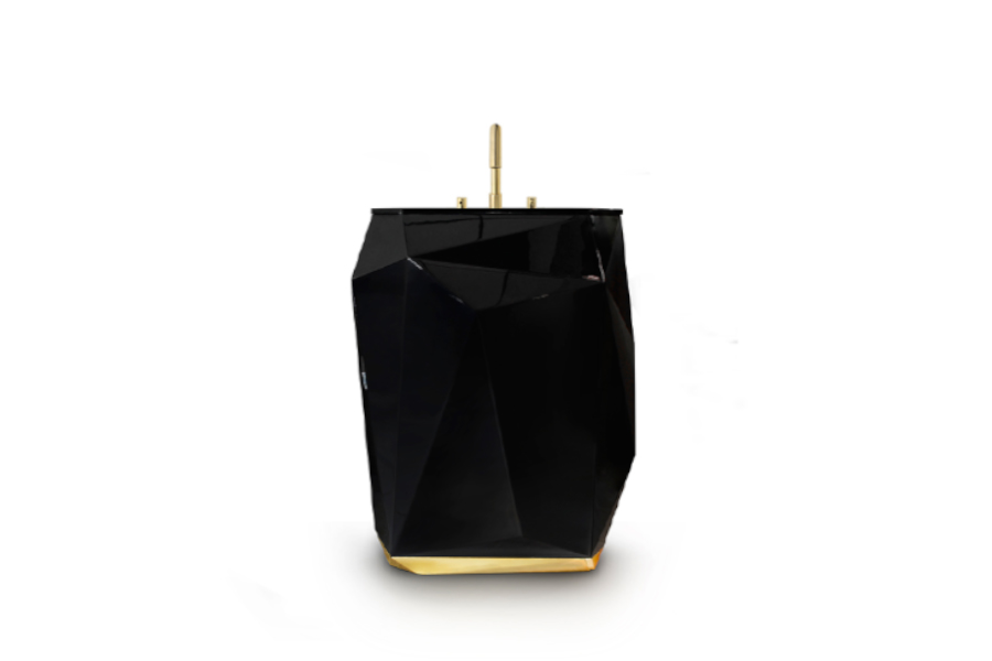 Diamond Black Lacquered Wood Pedestal Sink and Gold Details