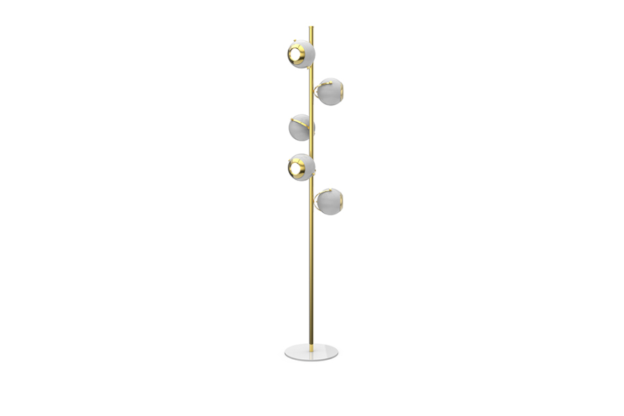 The Scofield Floor Light With Five Chrome Bulbs in White Brass