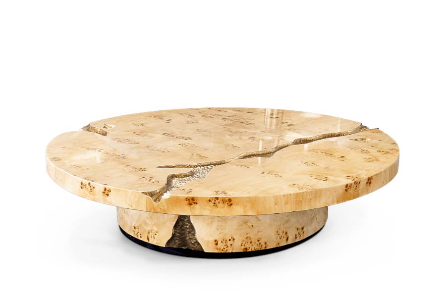 Empire Poplar Root Coffee Table With Hammered Brass Details For A Modern Decor