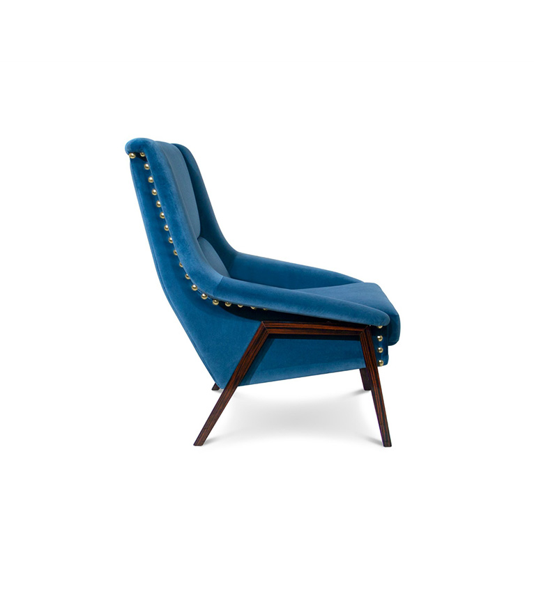 Inca Blue Velvet Armchair with Ebony Wood Legs Modern Midcentury Design - Home'Society