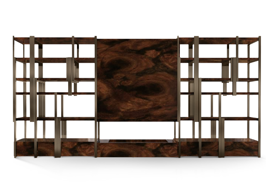 Caffeine Bookcase Made In Walnut Root Veneer With A Delicate Design