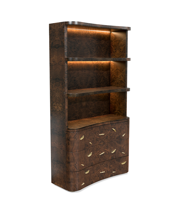 Baraka Bookcase - In Matte Walnut Root Veneer And Aged Matte Brass - Home'Society