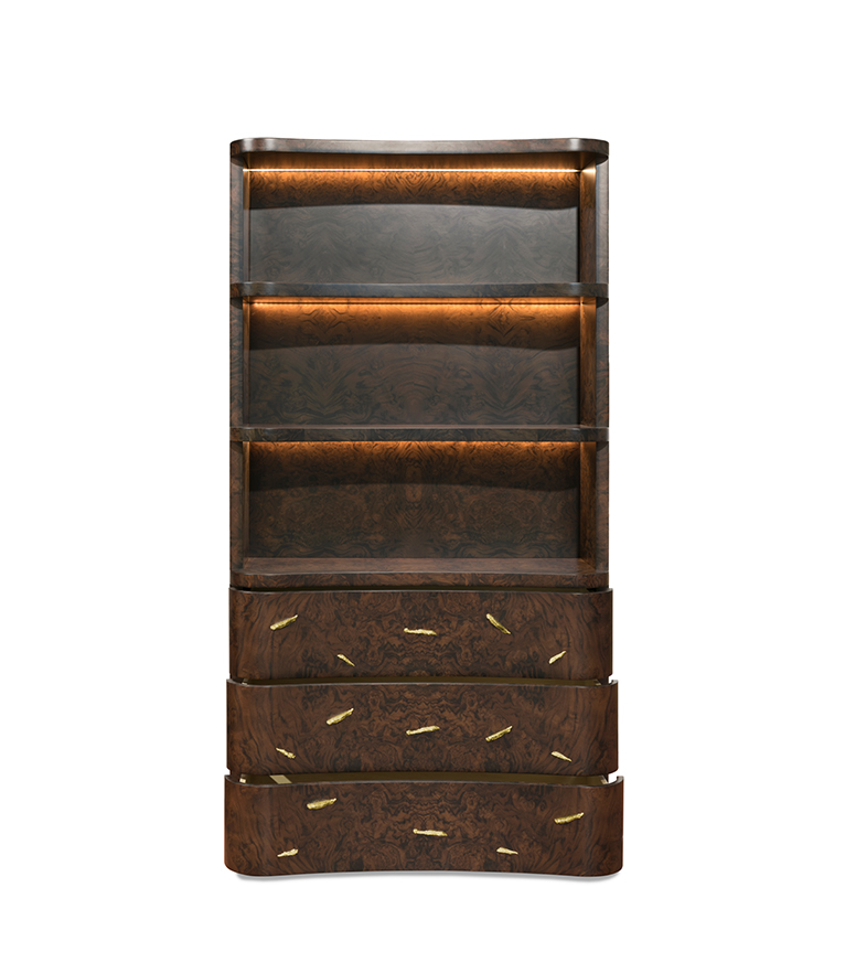 Baraka Bookcase - In Matte Walnut Root Veneer And Aged Matte Brass - Home'Society
