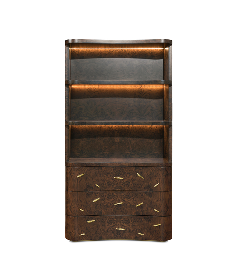 Baraka Bookcase - In Matte Walnut Root Veneer And Aged Matte Brass - Home'Society