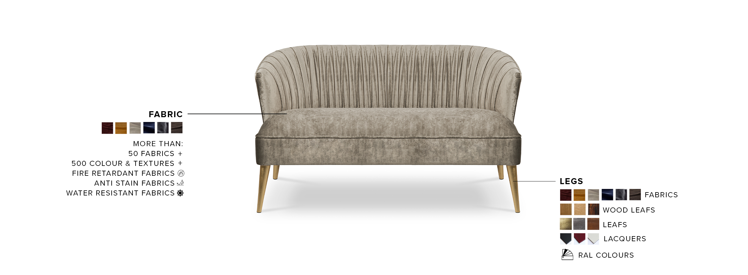 Nuka 2 Seat Sofa: Upholstered In Velvet With Legs In Glossy Gold Leaf - Home'Society