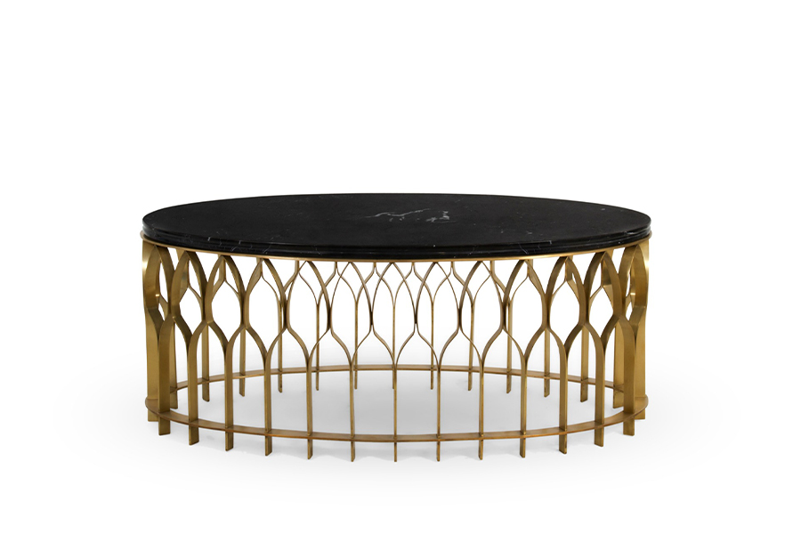 Mecca Oval Coffee Table with Brass Base and Marble Tabletop Modern