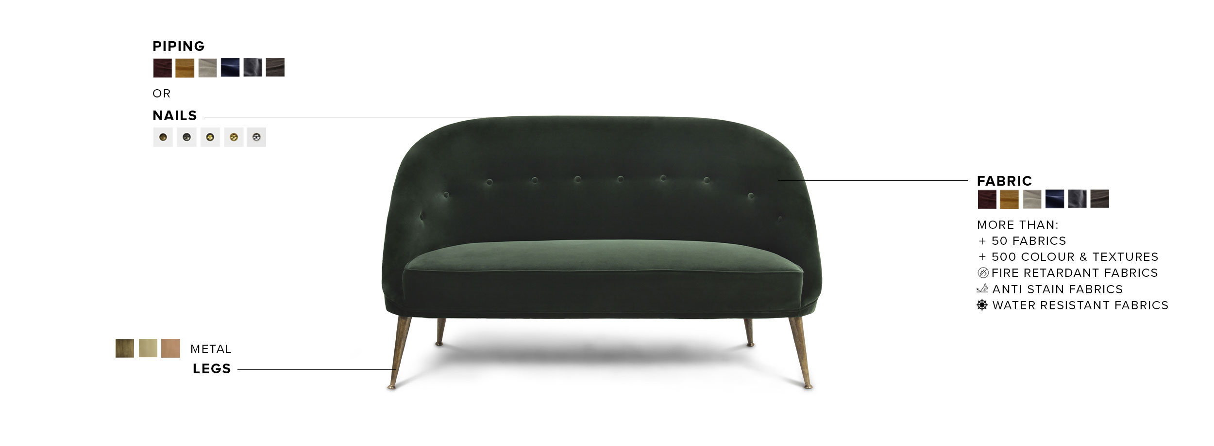 Malay 2 Seat Sofa - Velvet Upholstered with Brass Legs Modern Midcentury - Home'Society