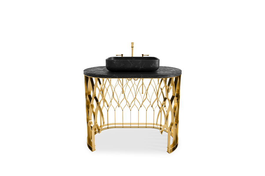 Mecca Single Vanity with Gold Framework and Nero Marquina Marble Top