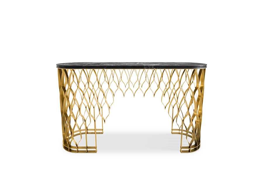 Mecca Console Table With Nero Marquina Marble Top and Brushed Matte Columns