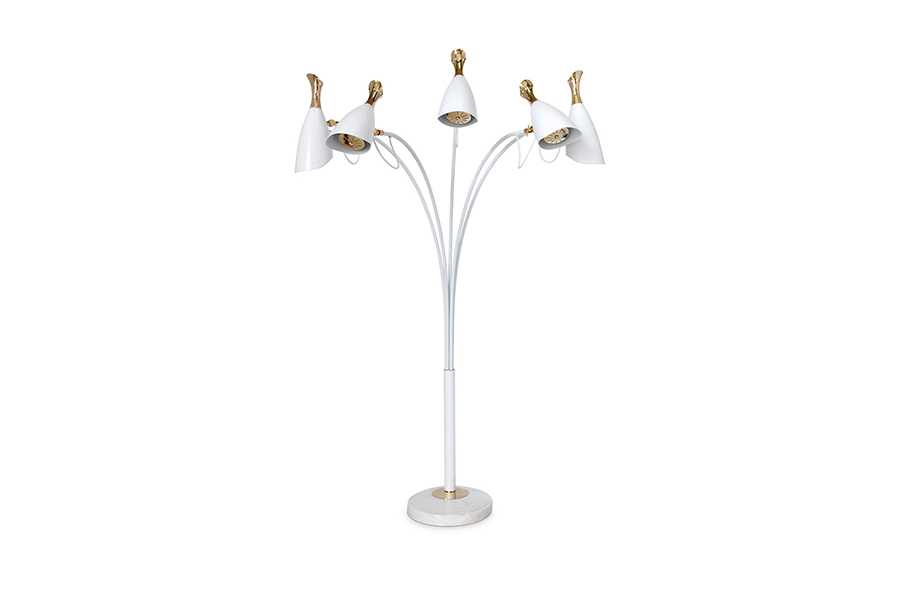 Duke Floor Lamp – White and Gold Mid-Century Floor Light with 5 Adjustable Shades