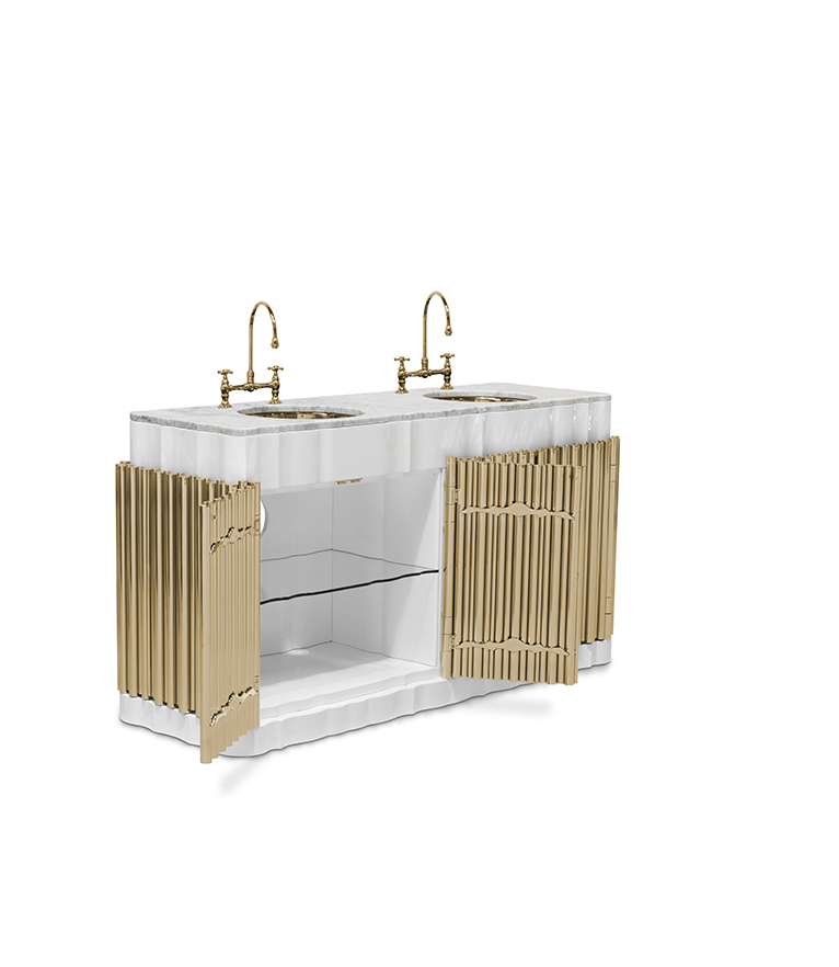 Symphony Bathroom Vanity – Double Sink Washbasin in Gold-Plated Brass and Nero Marquina Marble - Home'Society