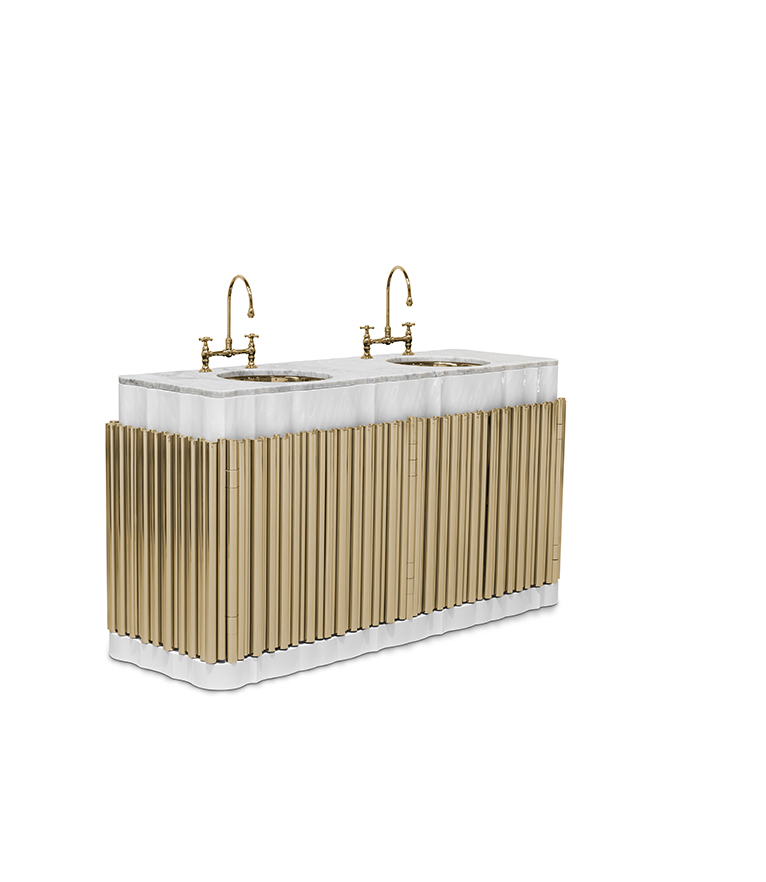 Symphony Bathroom Vanity – Double Sink Washbasin in Gold-Plated Brass and Nero Marquina Marble - Home'Society
