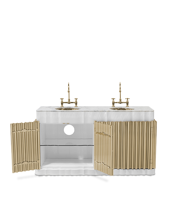 Symphony Bathroom Vanity – Double Sink Washbasin in Gold-Plated Brass and Nero Marquina Marble - Home'Society