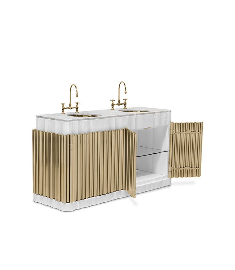 Symphony Bathroom Vanity – Double Sink Washbasin in Gold-Plated Brass and Nero Marquina Marble - Home'Society