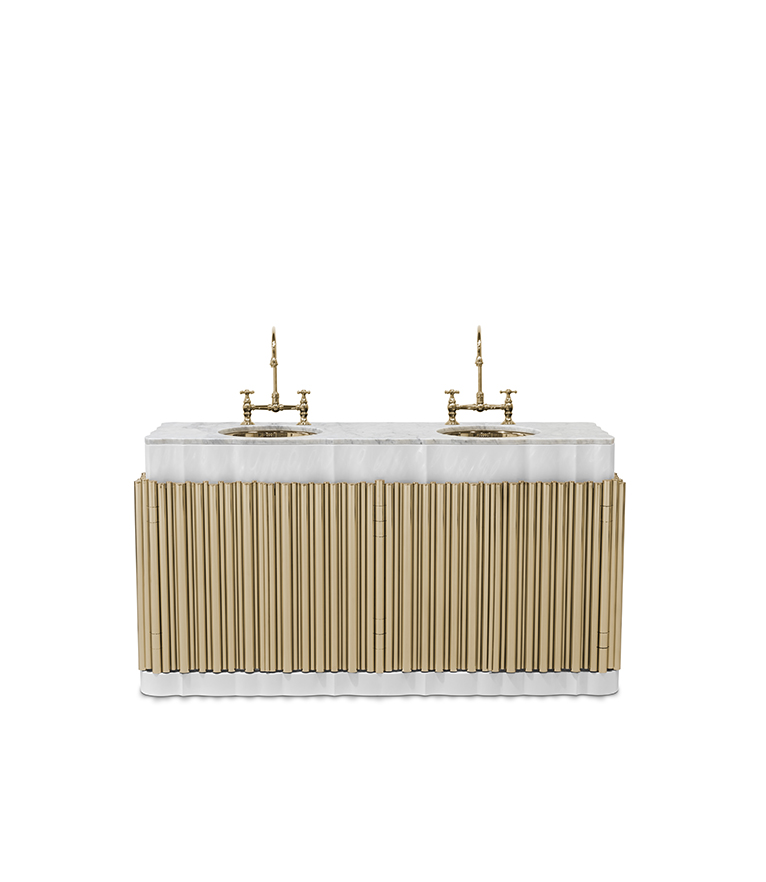 Symphony Bathroom Vanity – Double Sink Washbasin in Gold-Plated Brass and Nero Marquina Marble - Home'Society