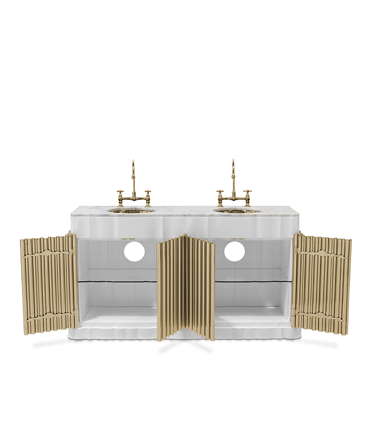 Symphony Bathroom Vanity – Double Sink Washbasin in Gold-Plated Brass and Nero Marquina Marble - Home'Society
