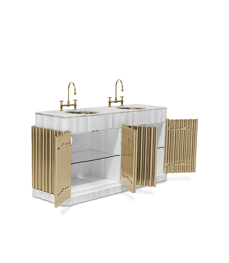 Symphony Bathroom Vanity – Double Sink Washbasin in Gold-Plated Brass and Nero Marquina Marble - Home'Society